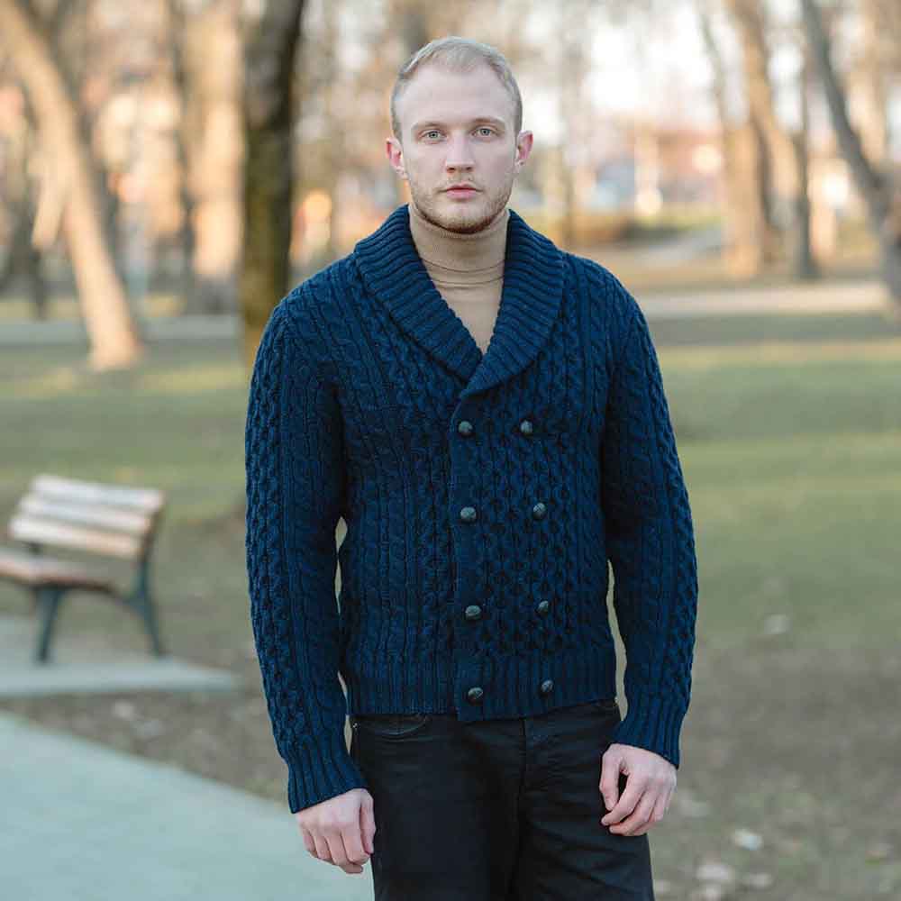 Irish Cardigan | Double Breasted Shawl Collar Aran Cable Knit Mens ...