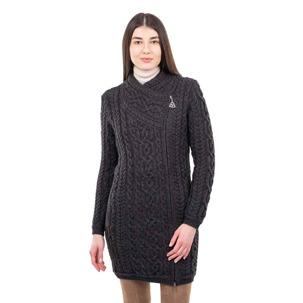 Product image for Irish Cardigan | Long Aran Cable Knit Side Zip Ladies Cardigan