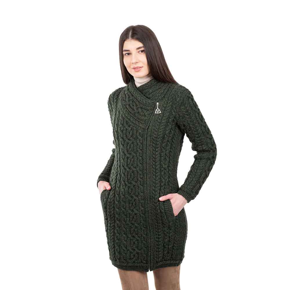 Product image for Irish Cardigan | Long Aran Cable Knit Side Zip Ladies Cardigan