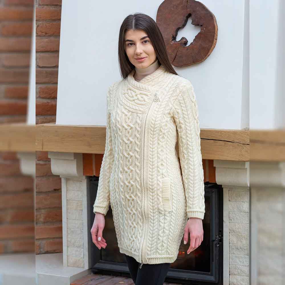 Product image for Irish Cardigan | Long Aran Cable Knit Side Zip Ladies Cardigan