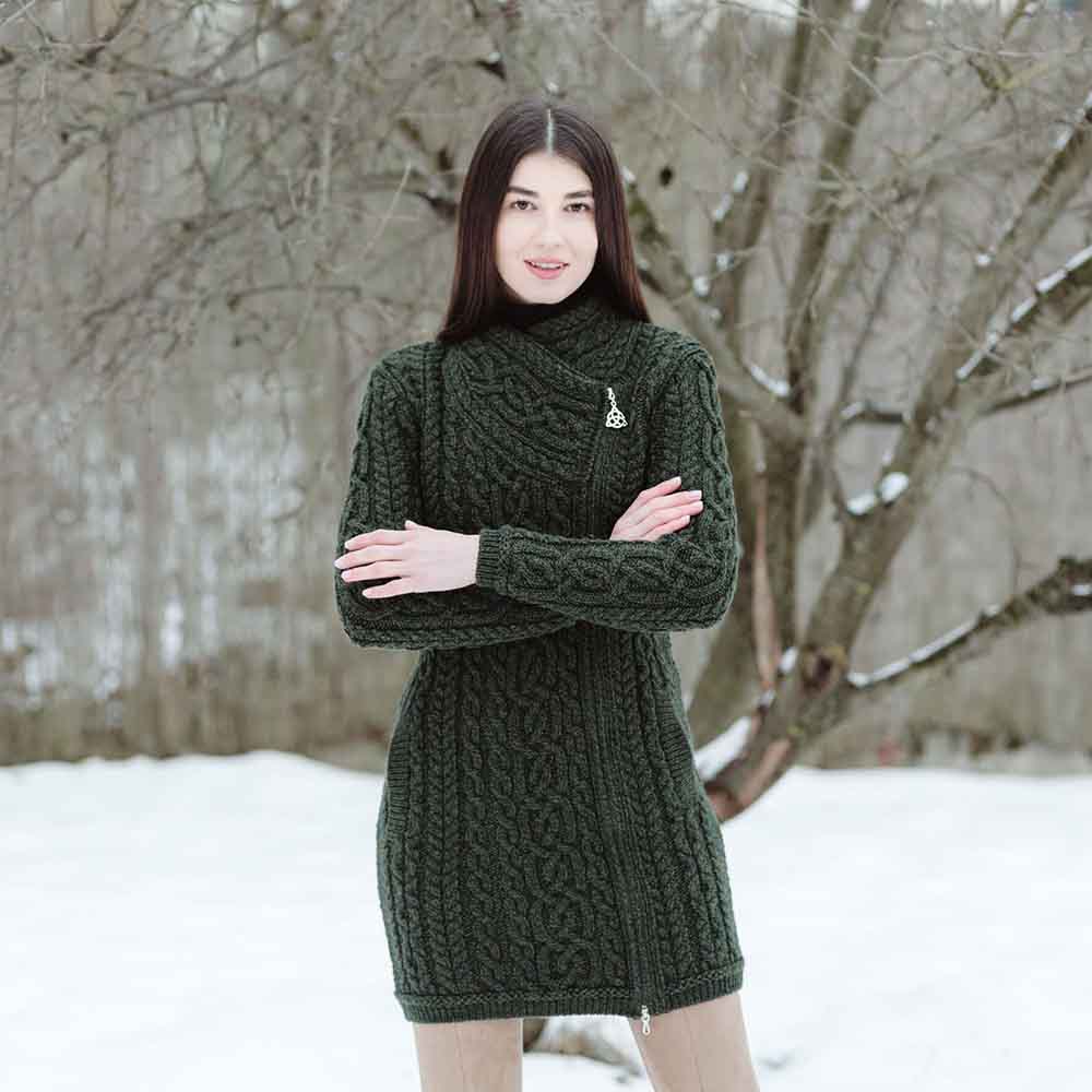 Product image for Irish Cardigan | Long Aran Cable Knit Side Zip Ladies Cardigan