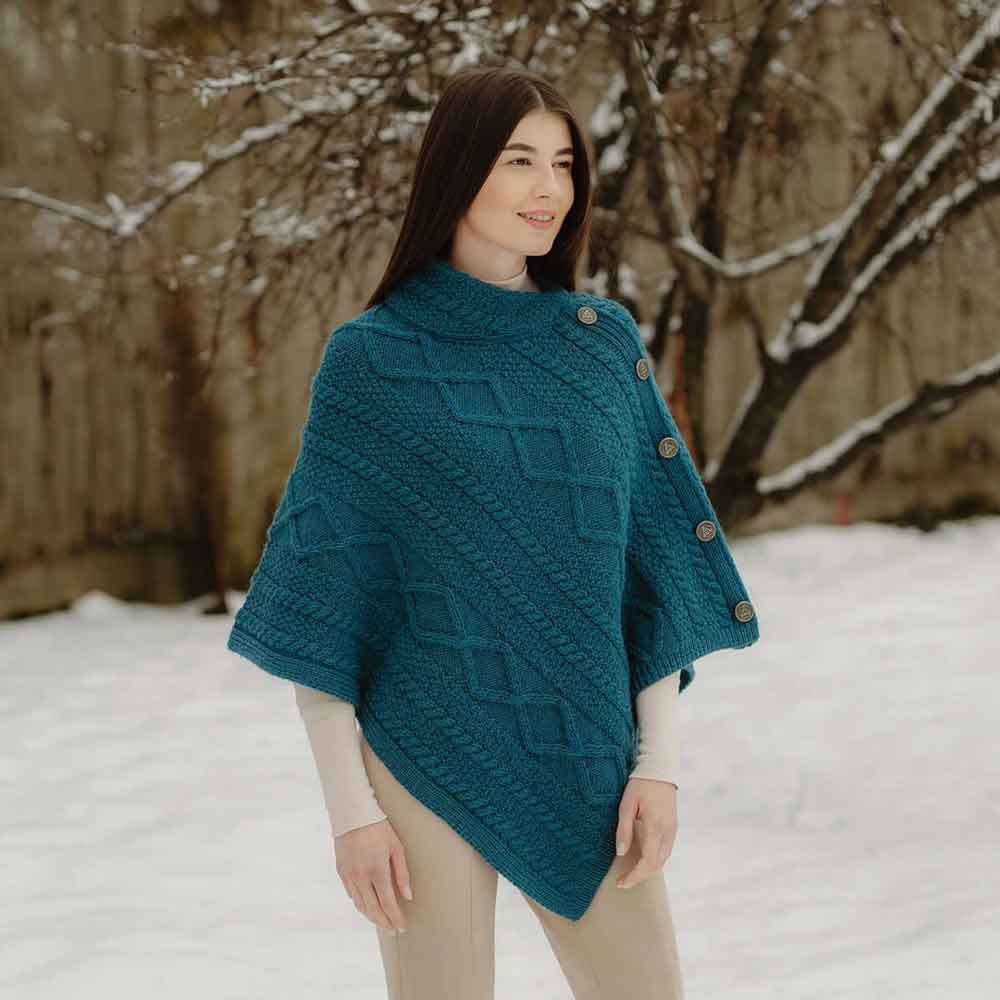 Irish Shawl Aran Cable Knit Cowl Neck Celtic Button Poncho at IrishShop CLSA10170