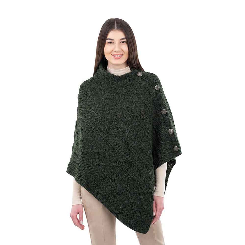 Product image for Irish Shawl | Aran Cable Knit Cowl Neck Celtic Button Poncho