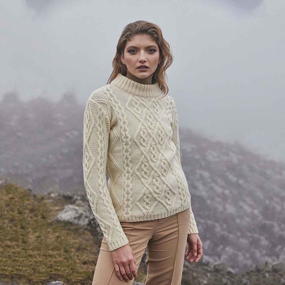 Product image for Irish Sweater | Aran Cable Knit Round Neck Ladies Sweater