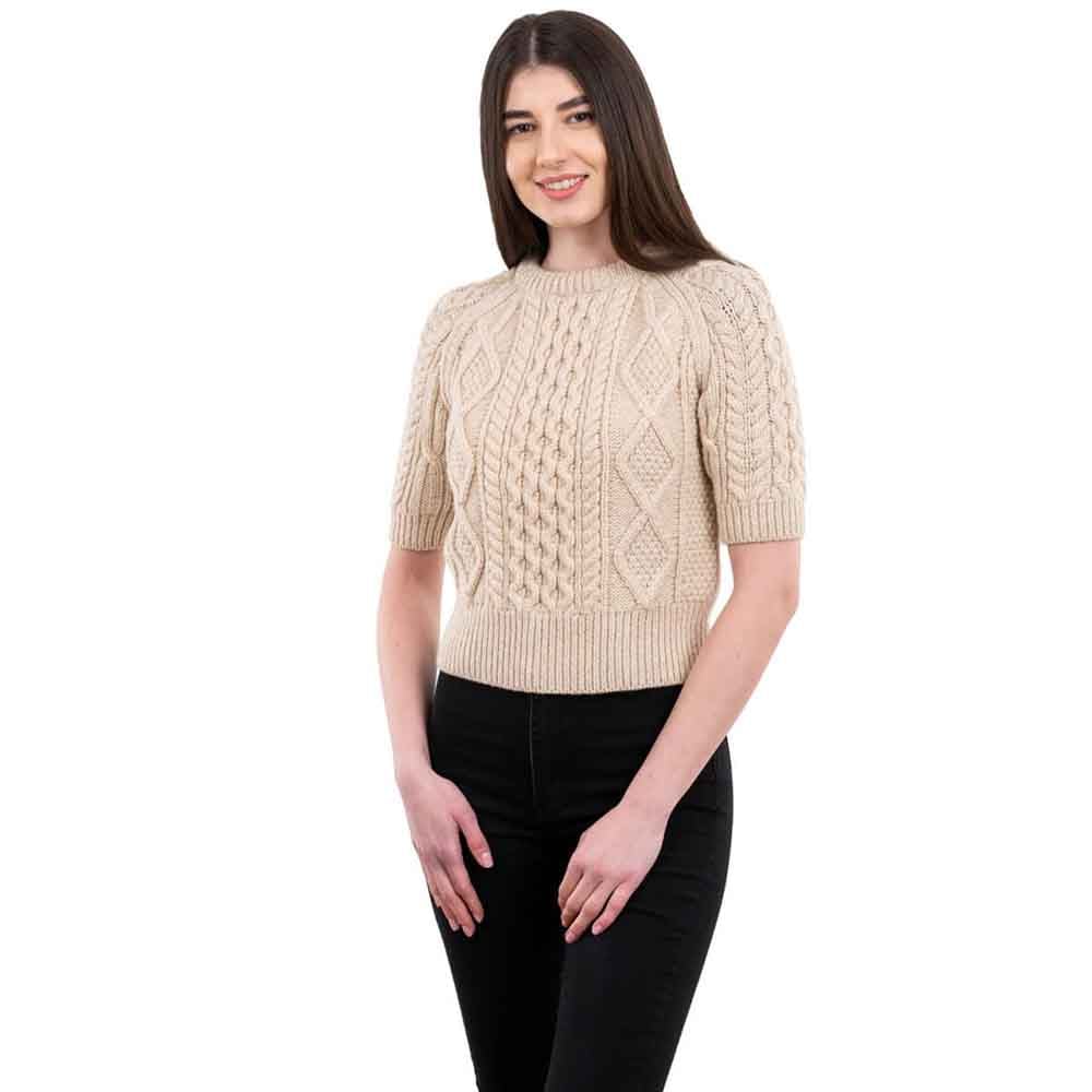 Product image for Irish Sweater | Ladies Cable Knit Short Sleeve Aran Sweater