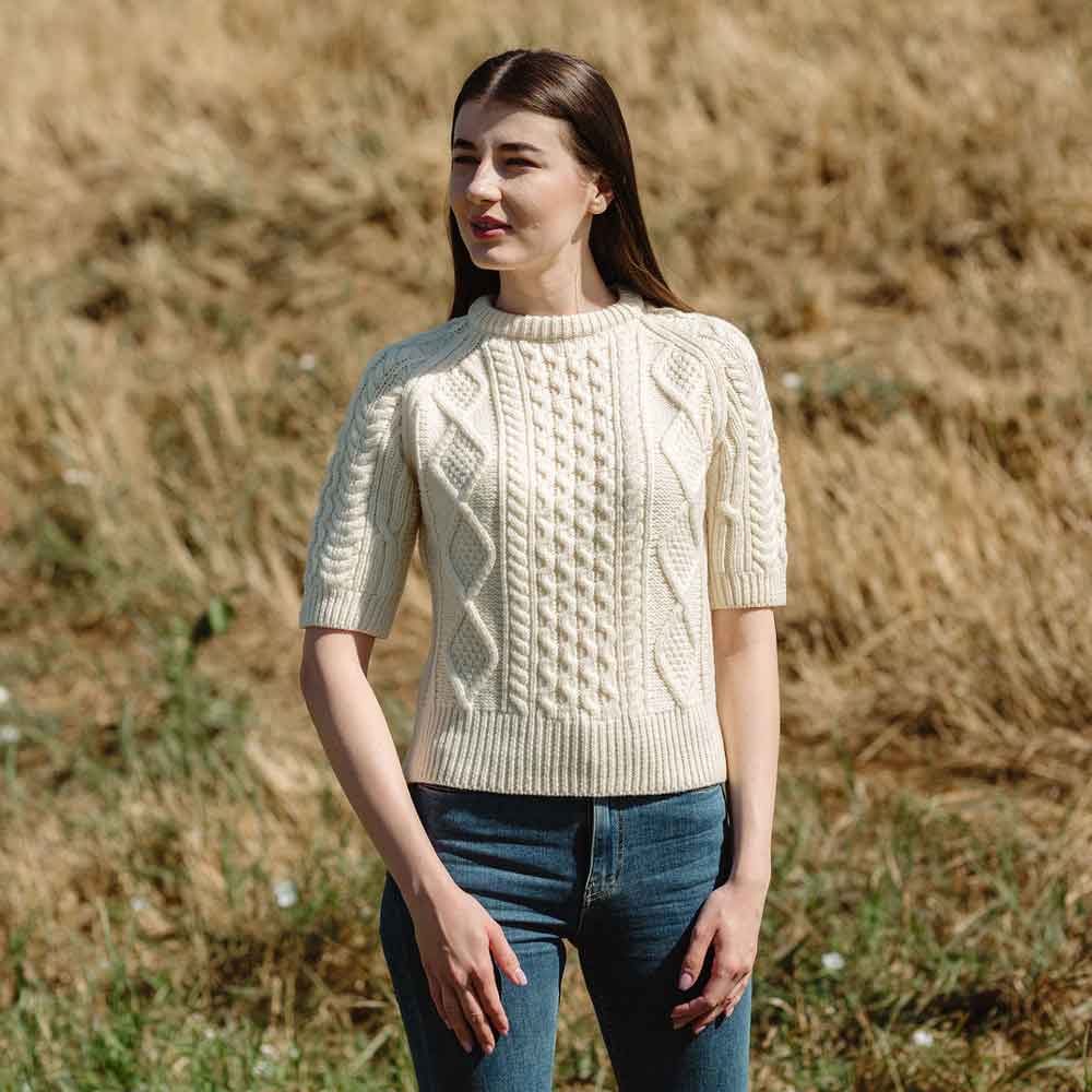 Product image for Irish Sweater | Ladies Cable Knit Short Sleeve Aran Sweater