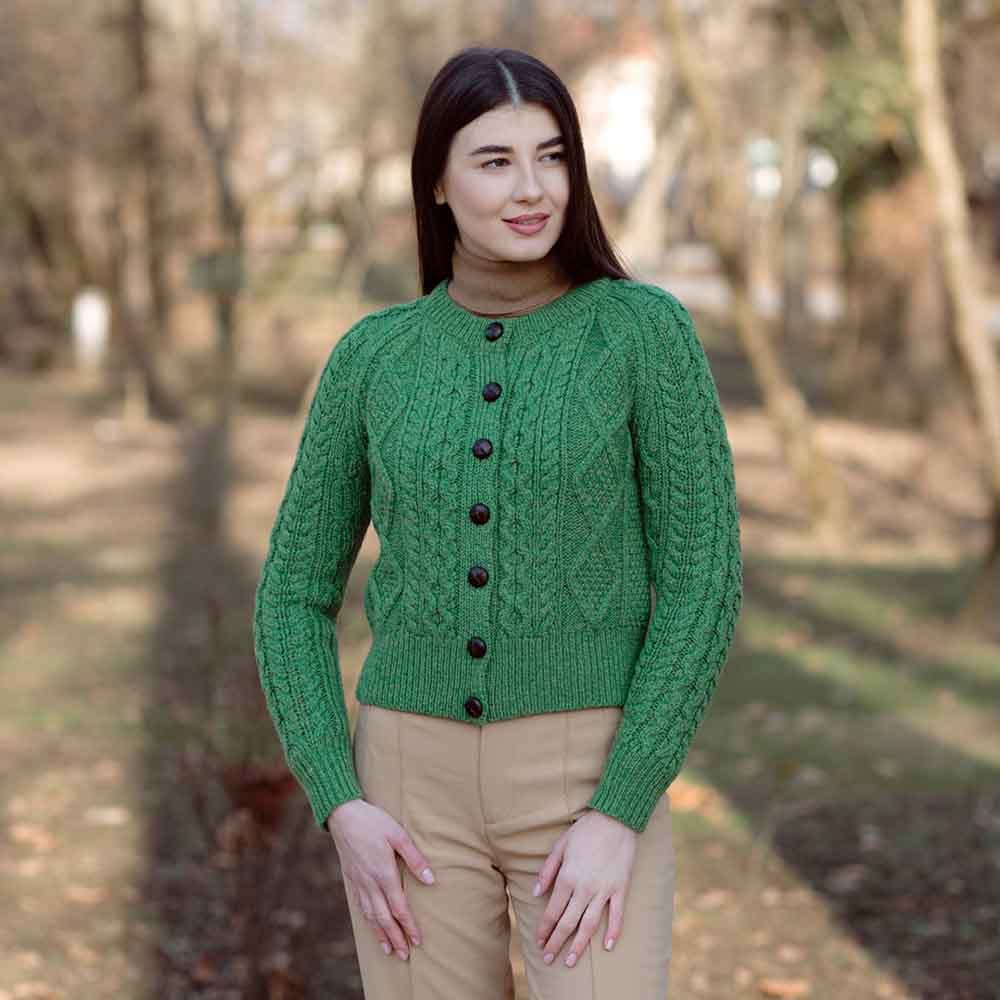 Irish Cardigan Ladies Aran Cable Knit Button Cardigan at IrishShop CLSA10177