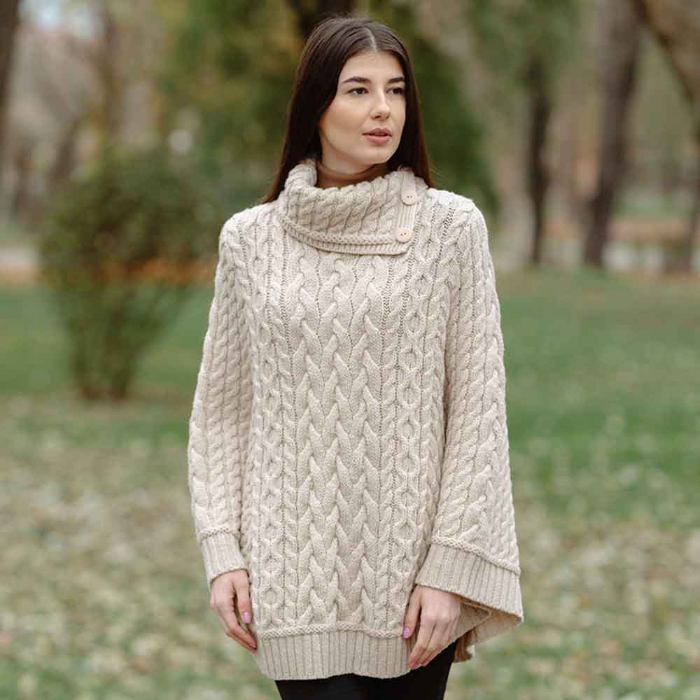 Product image for Irish Shawl | Ladies Cowl Neck Button Poncho