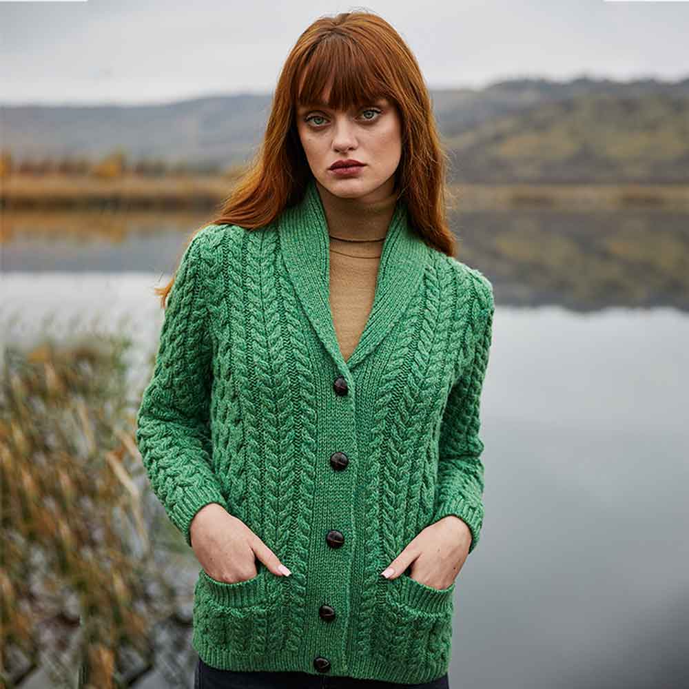 Irish Cardigan  Ladies Aran Knit Shawl Neck Cardigan at IrishShop