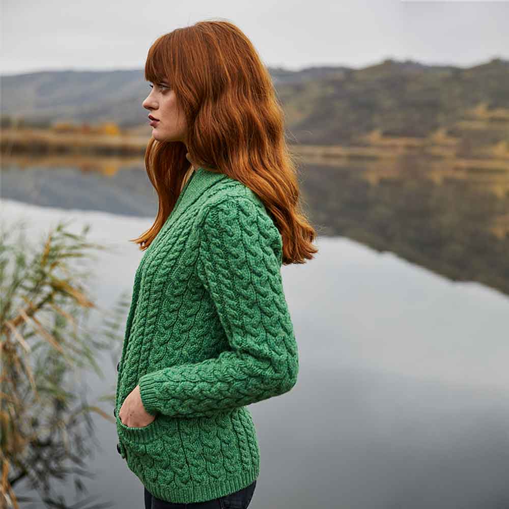 Product image for Irish Cardigan | Ladies Aran Knit Shawl Neck Cardigan