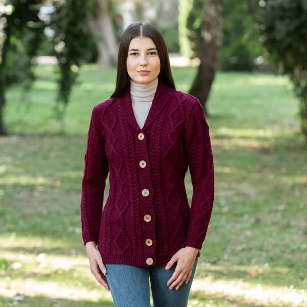 Irish Cardigan | Ladies Aran Knit Shawl Collar Cardigan