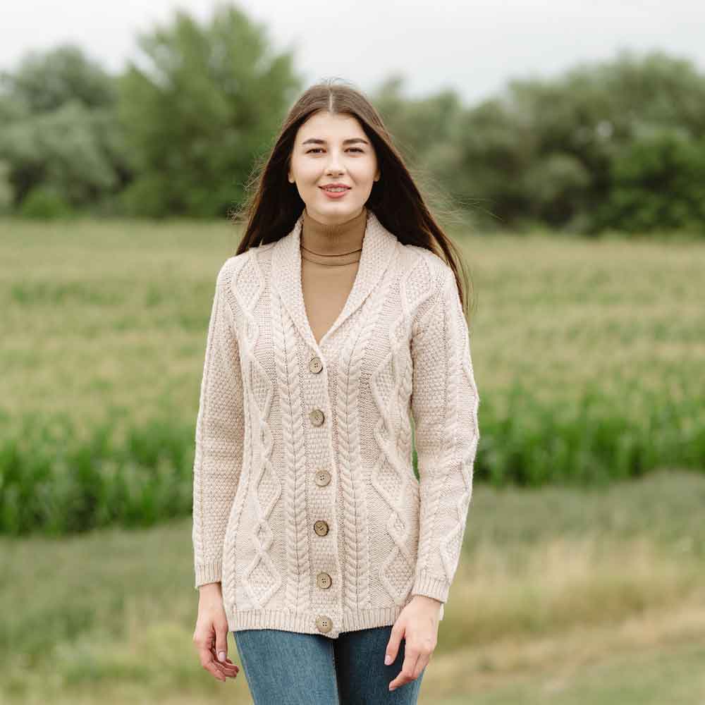 Product image for Irish Cardigan | Ladies Aran Knit Shawl Collar Cardigan