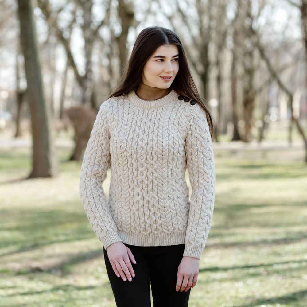 Product image for Irish Sweater | Ladies Side Button Aran Knit Sweater