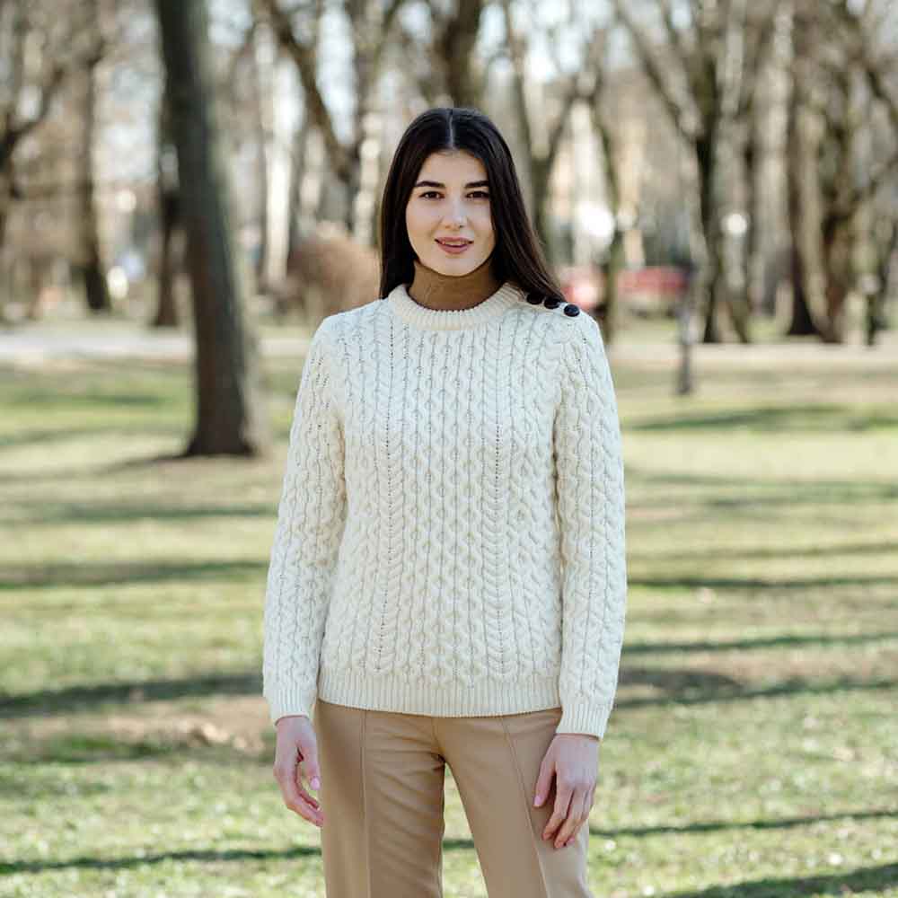 Product image for Irish Sweater | Ladies Side Button Aran Knit Sweater