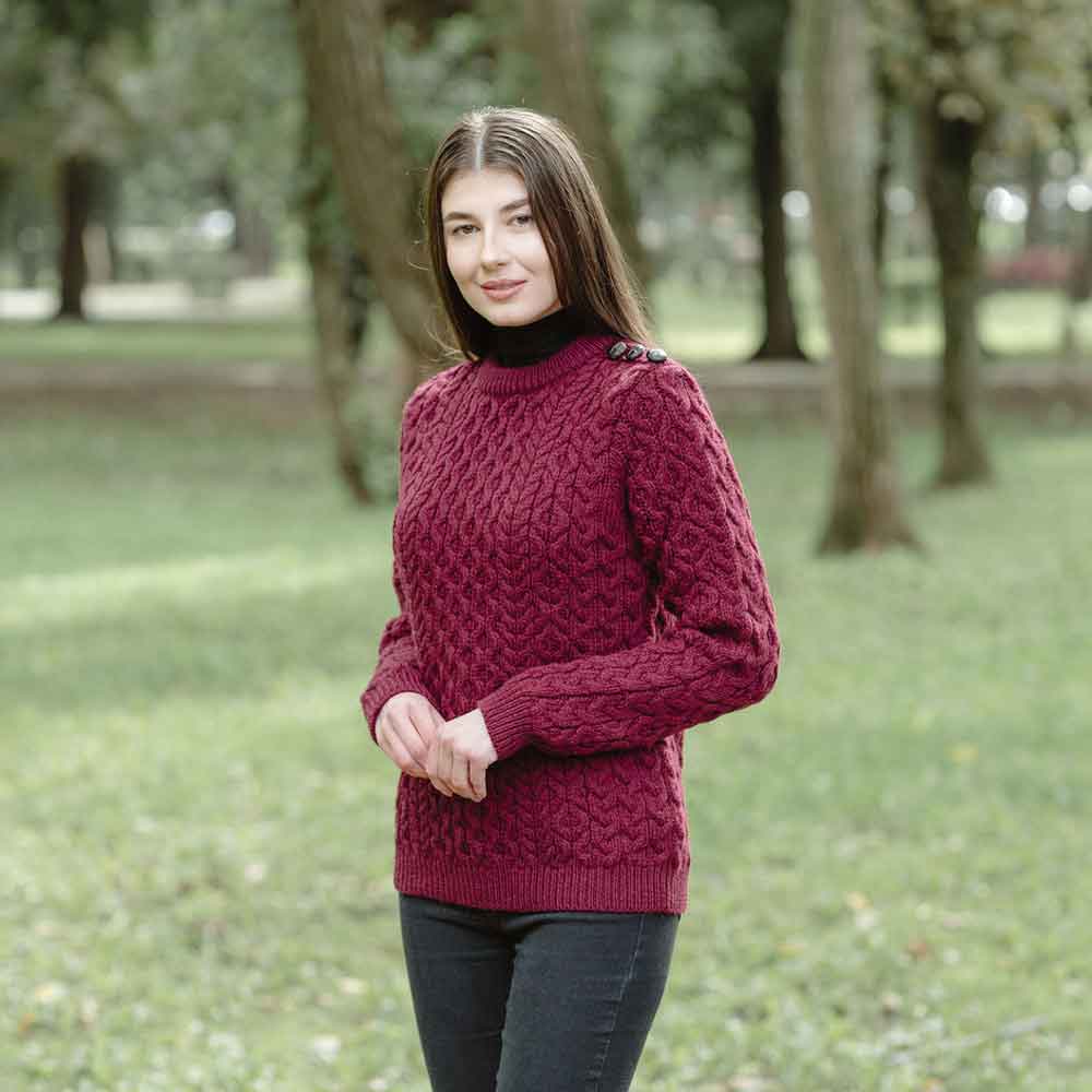 Product image for Irish Sweater | Ladies Side Button Aran Knit Sweater
