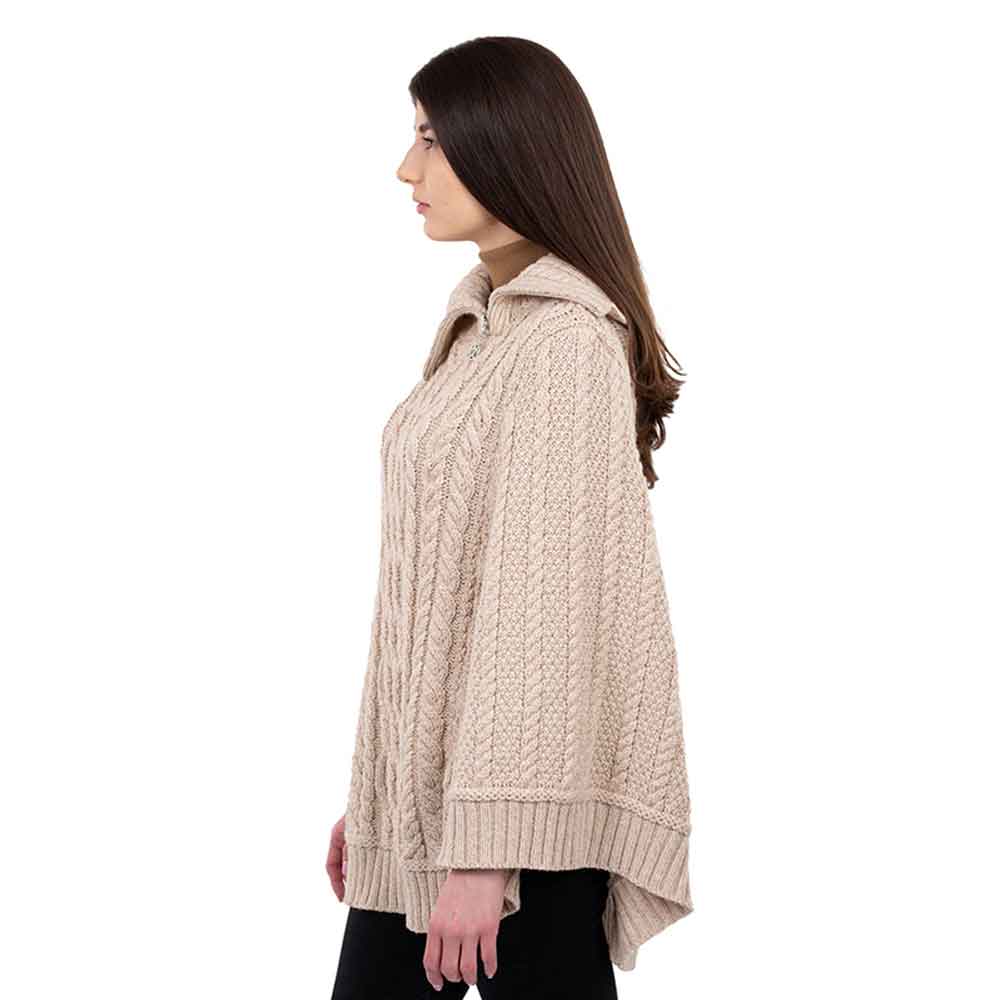 Product image for Irish Shawl | Aran Knit Cowl Neck Trinity Zip Poncho