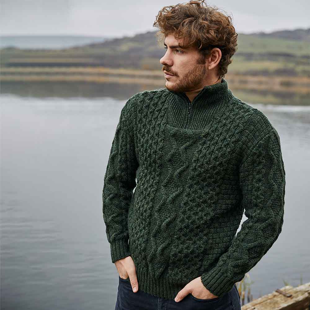 Irish Cardigan | Mens Aran Knit Half-Zip Cardigan at IrishShop.com ...