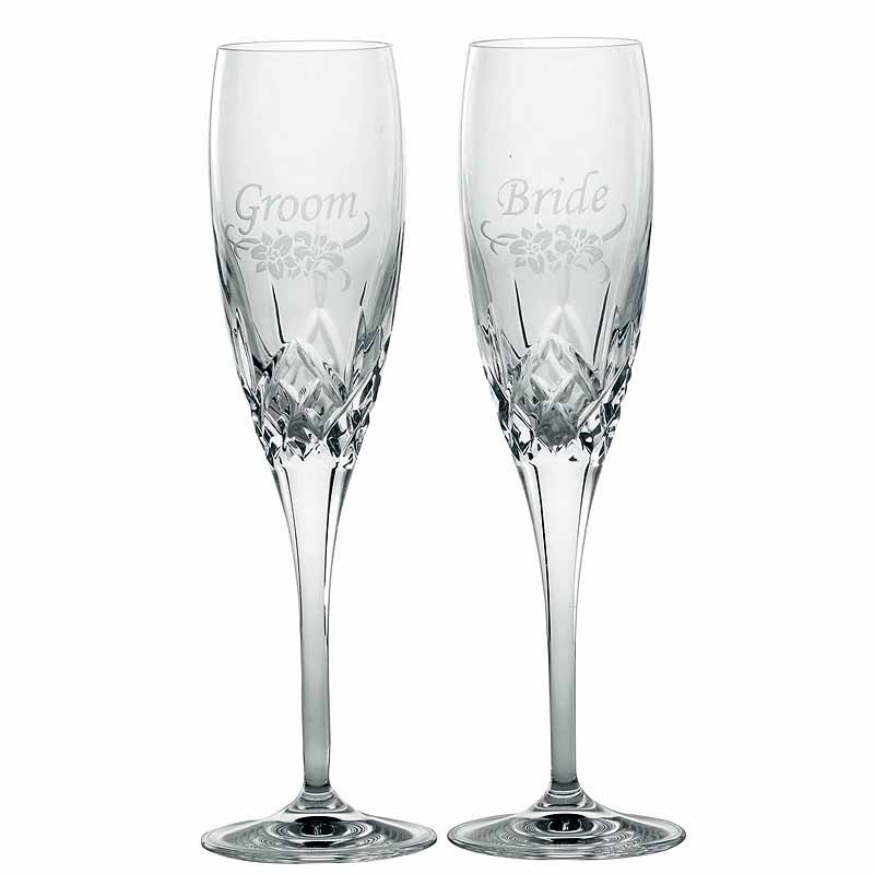 Product image for Galway Irish Crystal | Bride & Groom Flute Floral Spray Pair