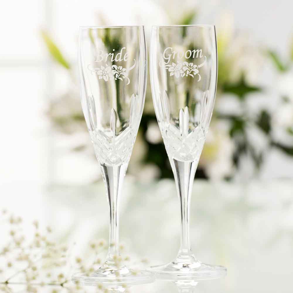 Product image for Galway Irish Crystal | Bride & Groom Flute Floral Spray Pair