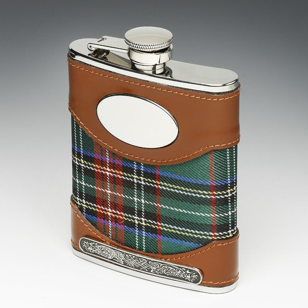 Product image for Irish Whiskey Flask Stainless Steel Personalized Tartan Leather Bound Celtic Pewter Detail