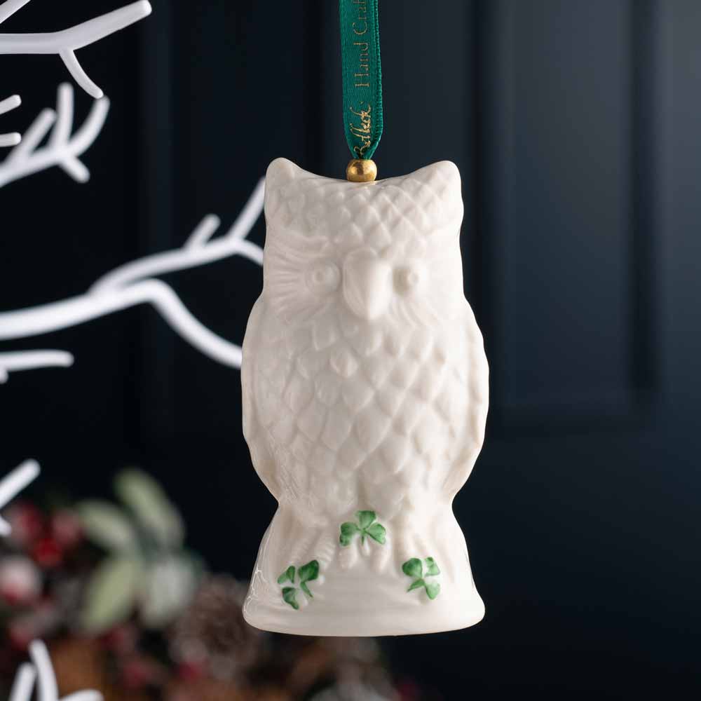 Product image for Irish Christmas | Belleek Pottery Owl Shamrock Ornament