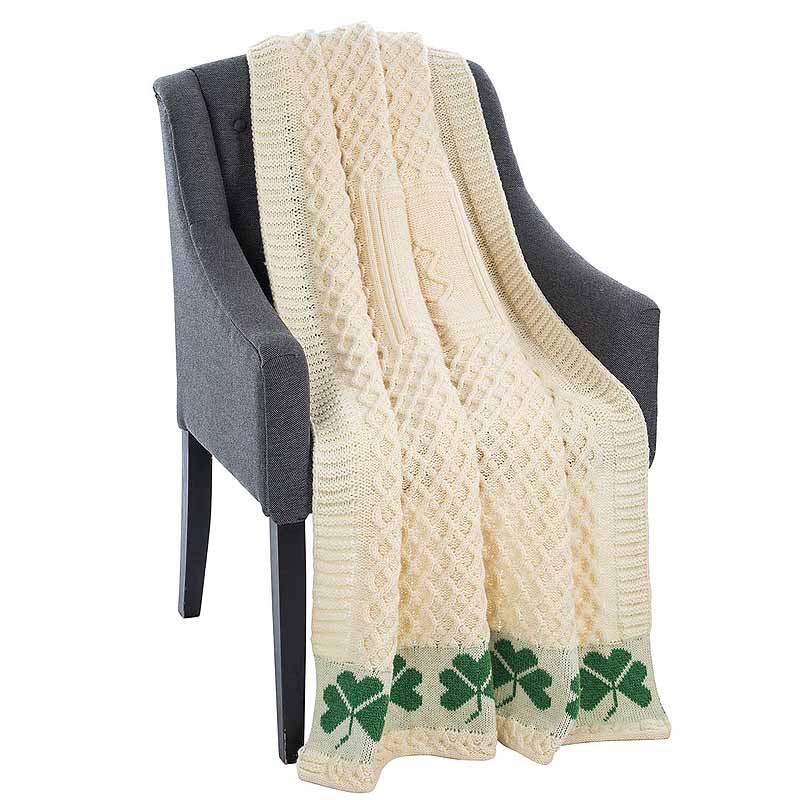 Product image for Irish Throw | Merino Wool Aran Knit Shamrock Throw