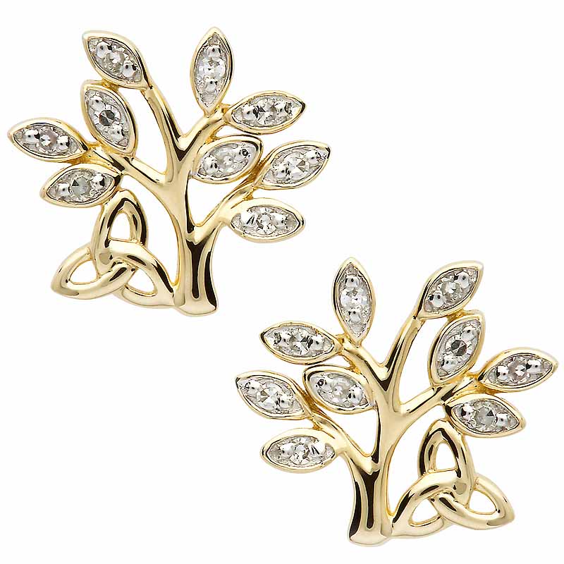 Product image for Irish Earrings | 14k  Gold Celtic Tree of Life Trinity Knot Diamond Stud Earrings 