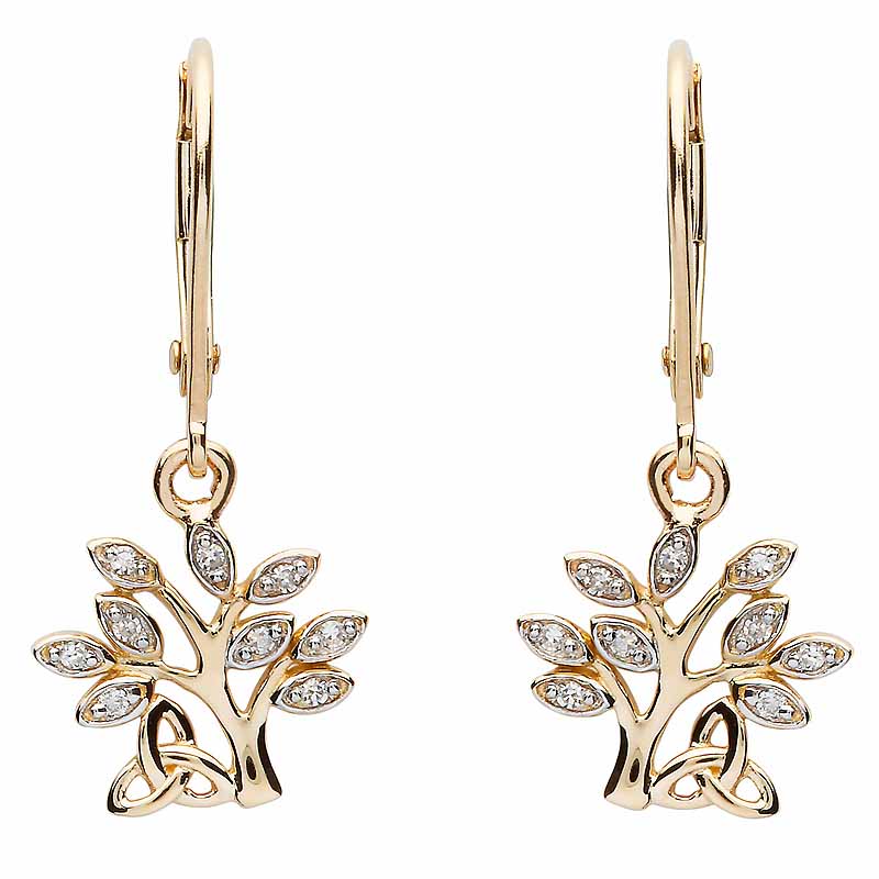 Product image for Irish Earrings | 14k  Gold Celtic Tree of Life Trinity Knot Diamond Drop Earrings 