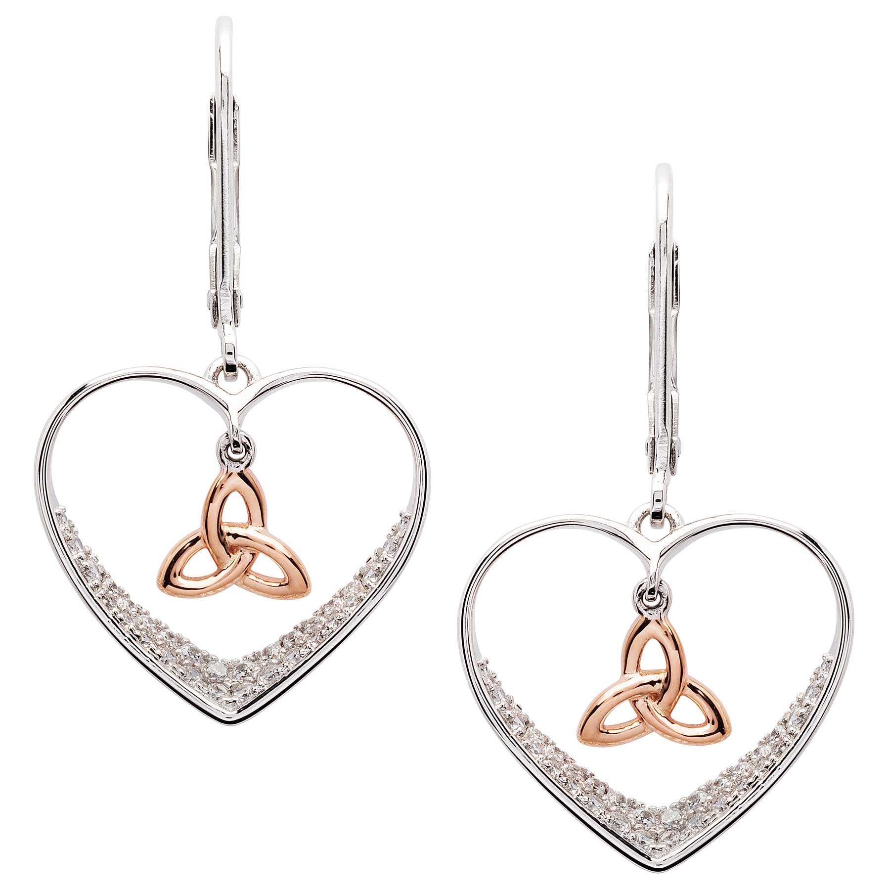 Product image for Irish Earrings | Sterling Silver Heart & Rose Gold Trinity Knot Crystal Earrings