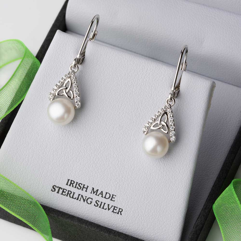 Product image for Irish Earrings | Sterling Silver CZ Trinity Knot Pearl Earrings