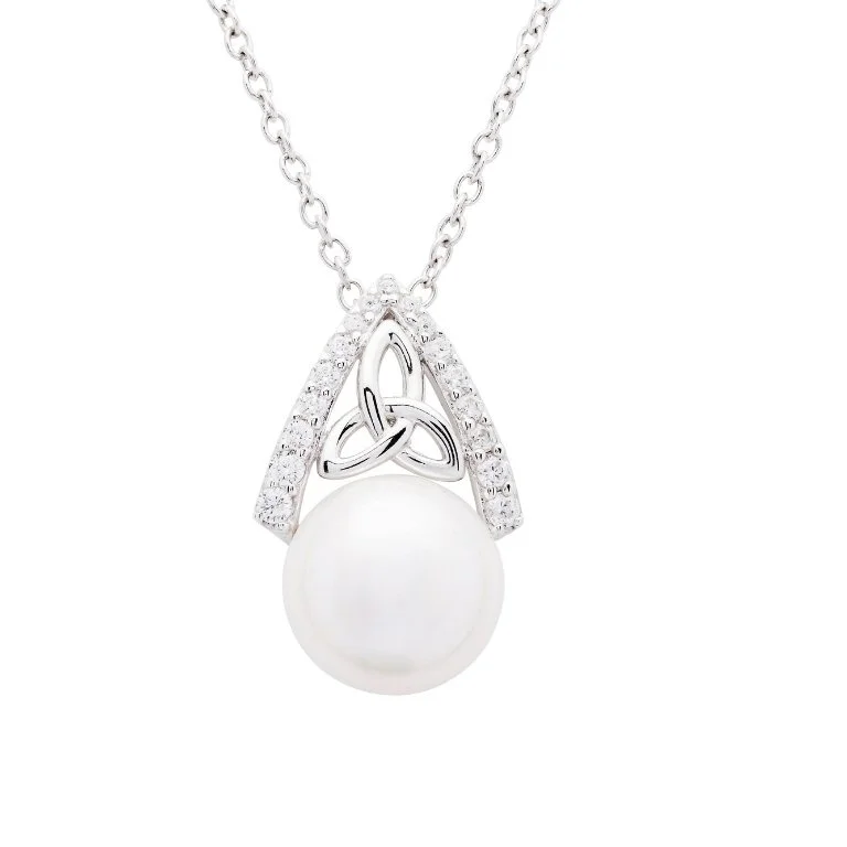 Product image for Irish Necklace | Sterling Silver CZ Trinity Knot Pearl Pendant