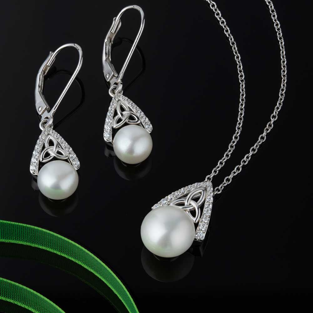 Product image for Irish Earrings | Sterling Silver CZ Trinity Knot Pearl Earrings