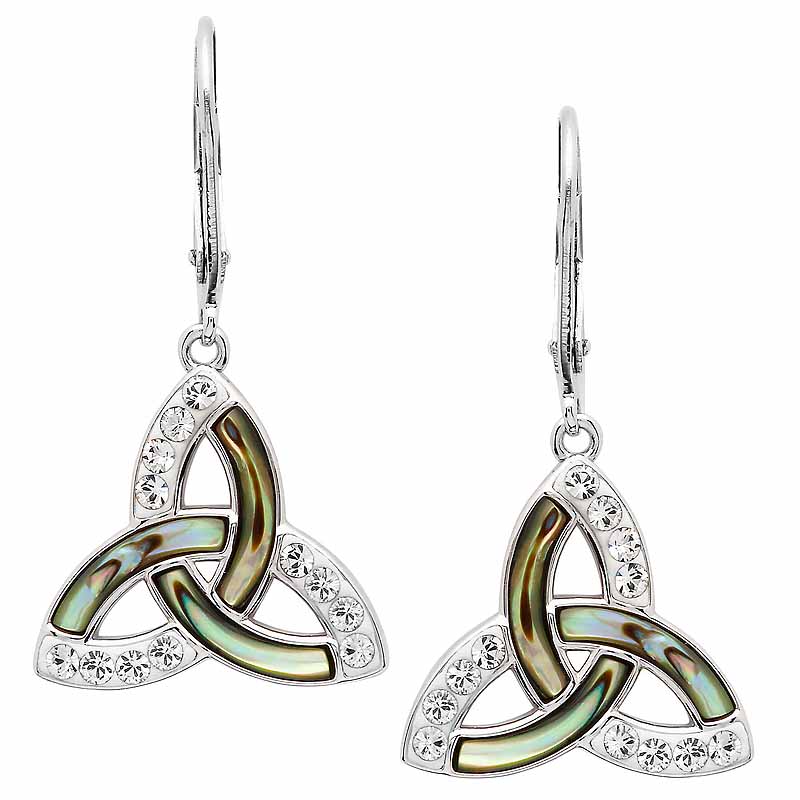Product image for Irish Earrings | Sterling Silver Swarovski Crystal & Abalone Drop Trinity Knot Earrings