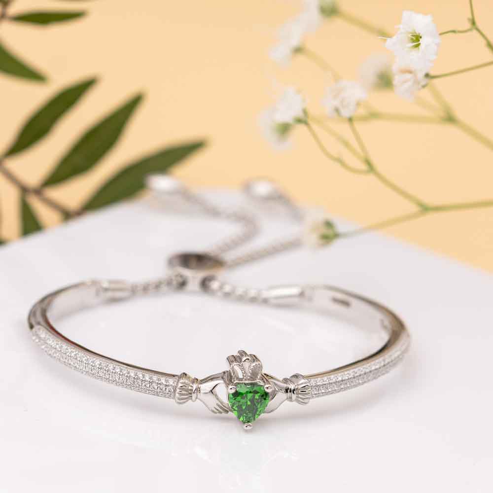 Product image for Irish Bracelet | Sterling Silver Green Crystal Draw String Claddagh Bangle