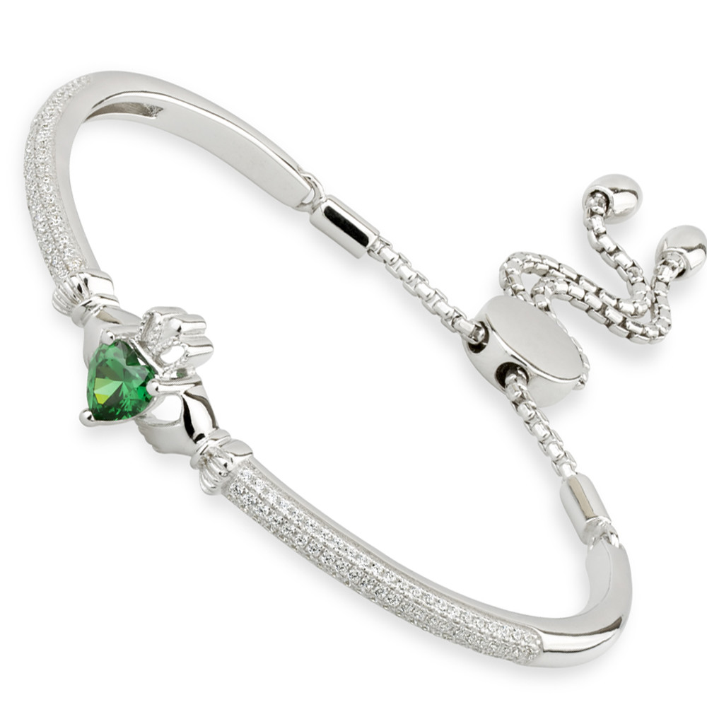 Product image for Irish Bracelet | Sterling Silver Green Crystal Draw String Claddagh Bangle