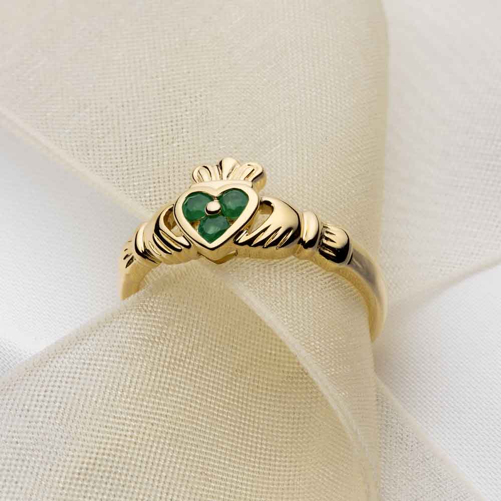 Product image for Claddagh Ring - Ladies 14k Yellow Gold with 3 Emerald Heart Claddagh