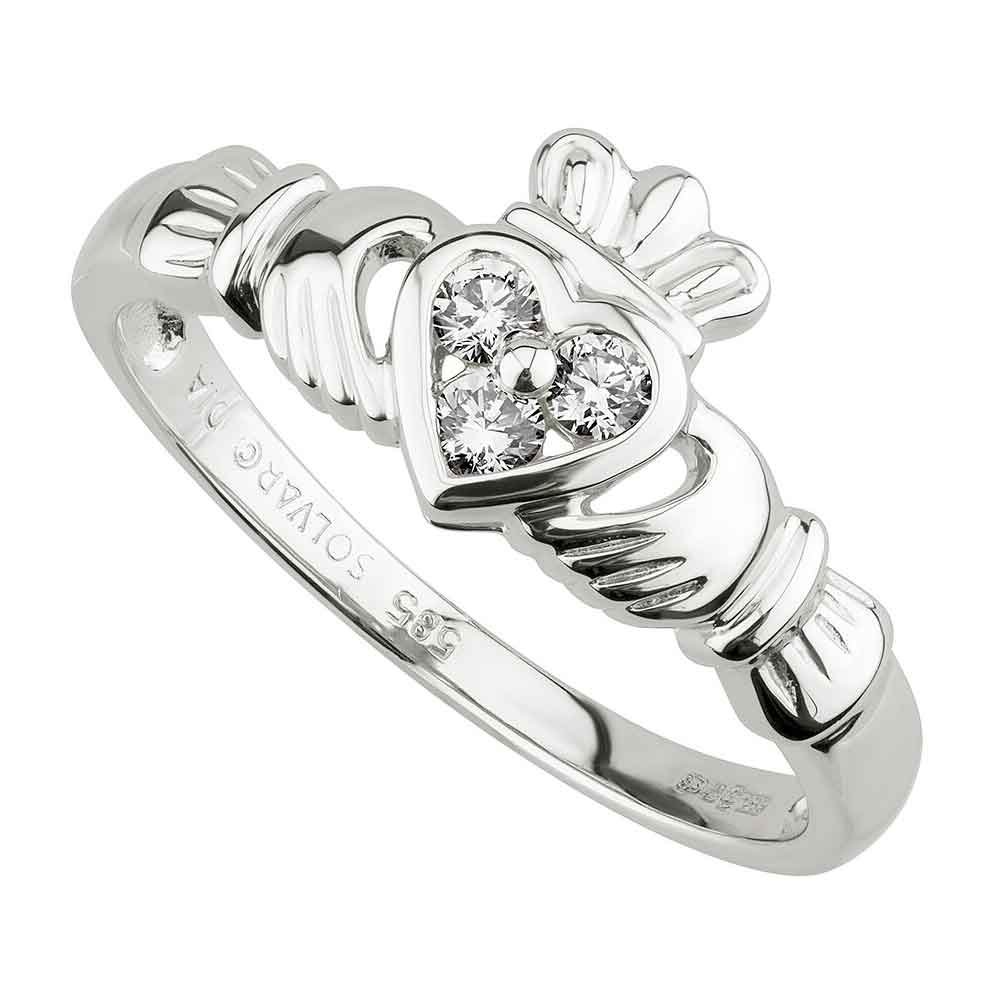 Product image for Claddagh Ring - Ladies 14k White Gold and 3 Diamond Heart Claddagh