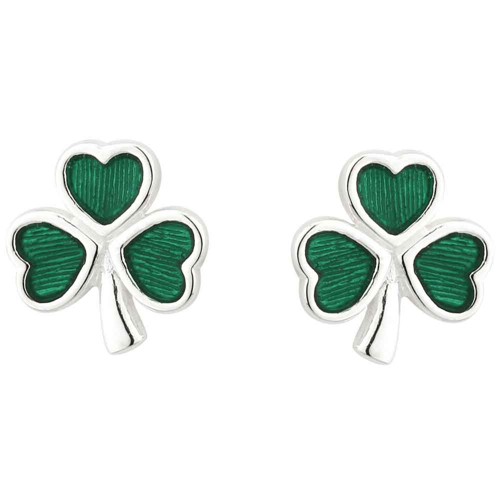 Product image for Sterling Silver and Green Enamel Shamrock Earrings