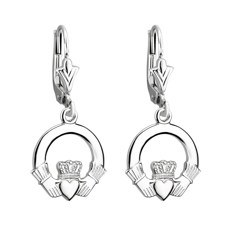 Product image for Irish Earrings | 14k White Gold Drop Claddagh Earrings