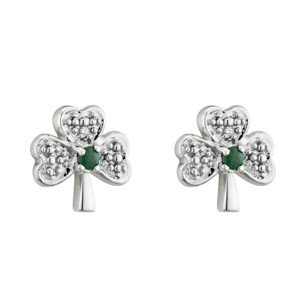 Product image for 14k White Gold with Emerald and Diamonds Shamrock Earrings