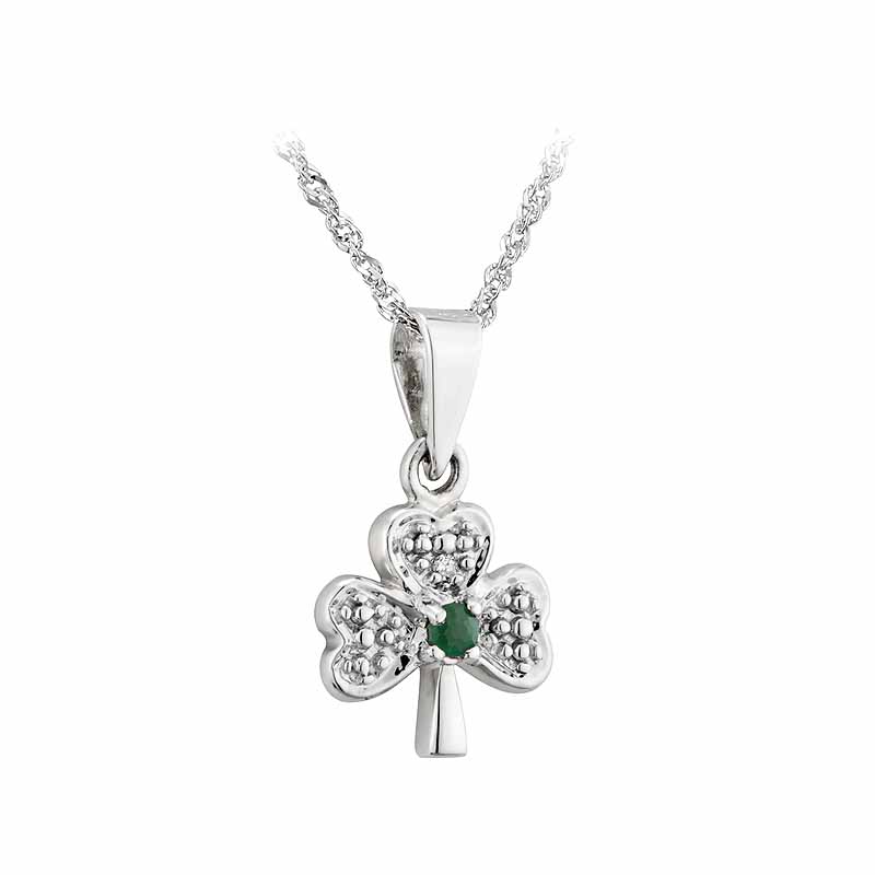 Product image for Irish Necklace | 14k White Gold Diamond & Emerald Dainty Shamrock Pendant