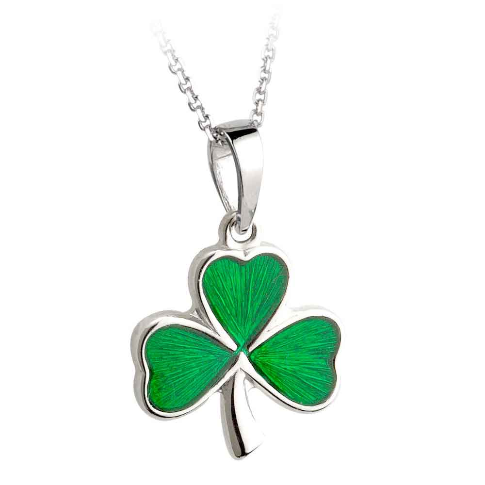 Product image for Irish Necklace - Sterling Silver and Green Enamel Shamrock Pendant with Chain