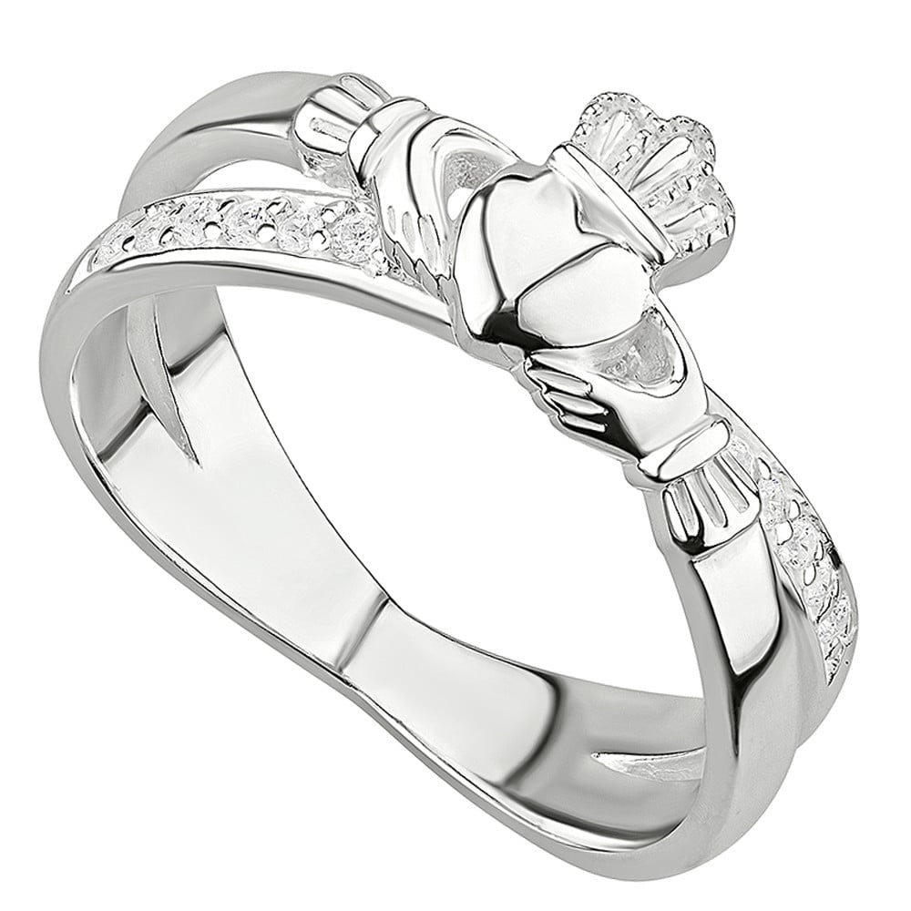 Product image for Irish Rings | Sterling Silver Ladies Crystal Crossover Claddagh Ring