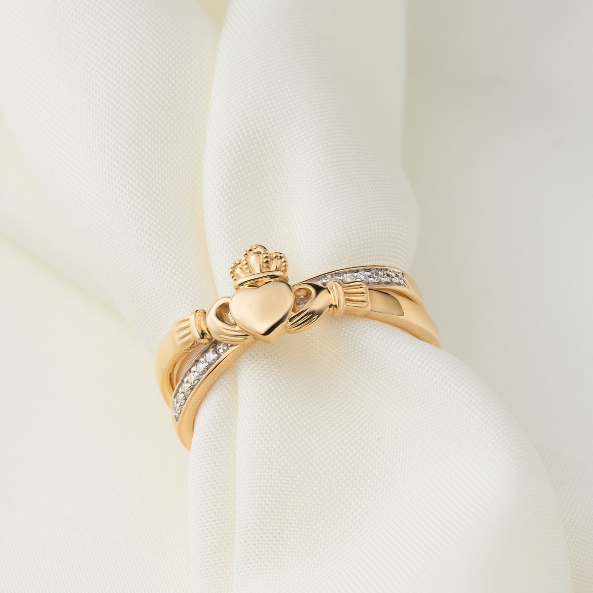 Product image for Irish Rings | 14k Gold Ladies Diamond Crossover Claddagh Ring