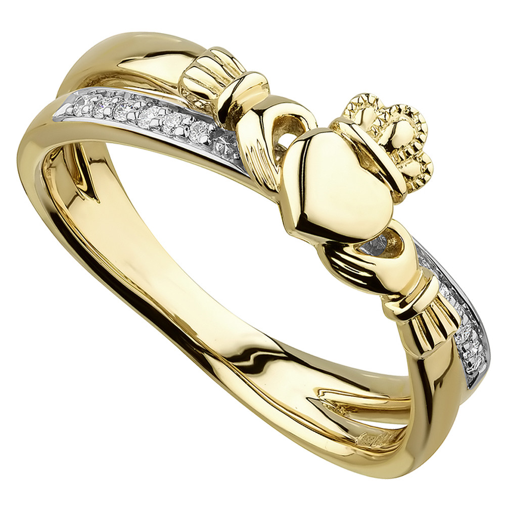 Irish Rings 14k Gold Ladies Diamond Crossover Claddagh