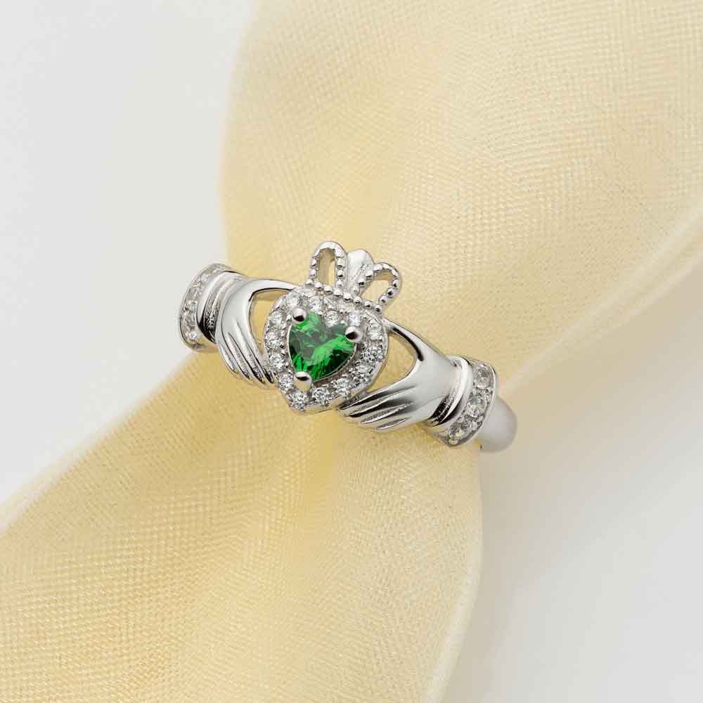 Product image for Irish Rings | Sterling Silver Ladies Green Crystal Heart Claddagh Ring