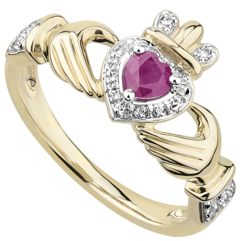 Irish Rings 14k Gold Ruby & Diamond Ladies Claddagh Ring