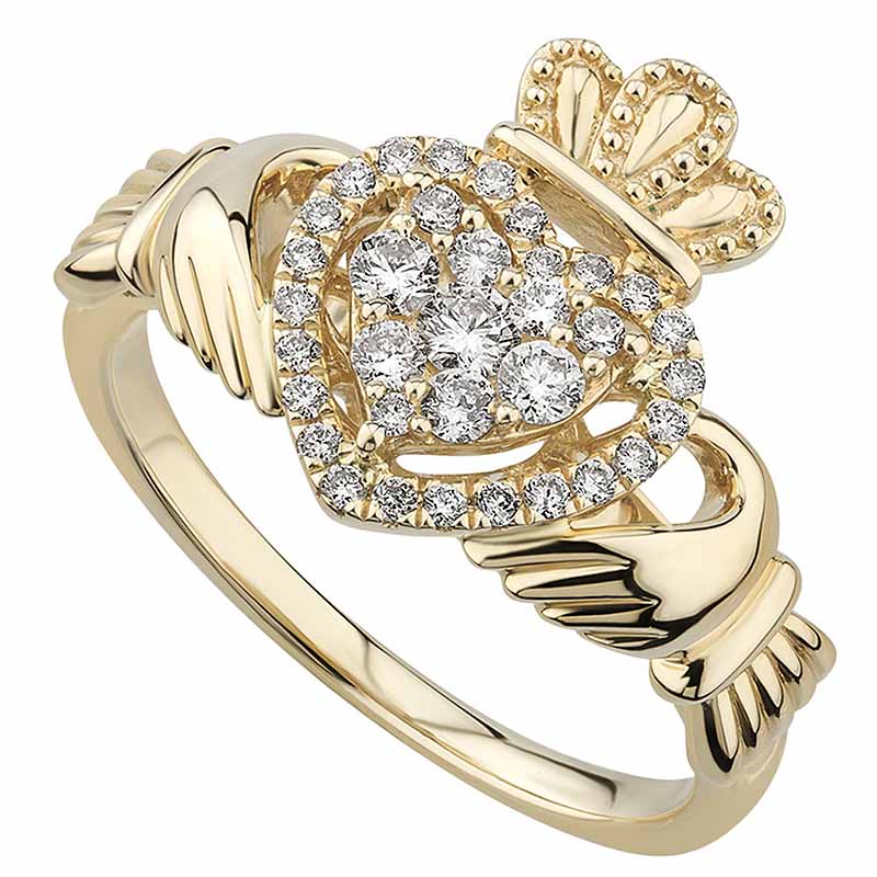 Irish Rings 14k Yellow Gold Diamond Heart Ladies Claddagh Ring at