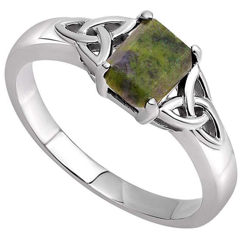 Product image for Irish Ring | Sterling Silver Baguette Ladies Connemara Marble Trinity Knot Ring