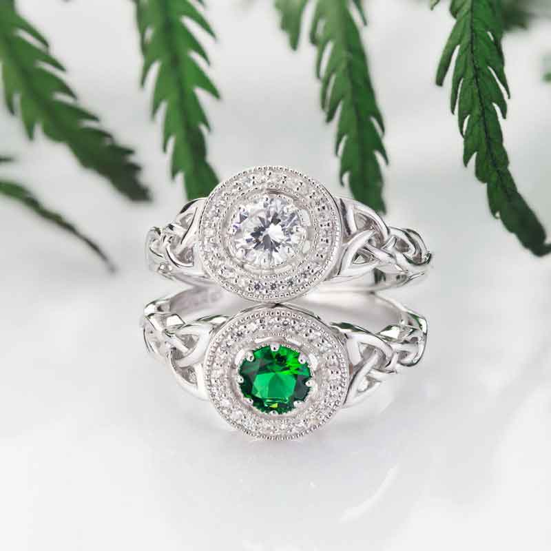 Product image for Irish Ring | Sterling Silver Green Crystal Cluster Halo Trinity Knot Ring